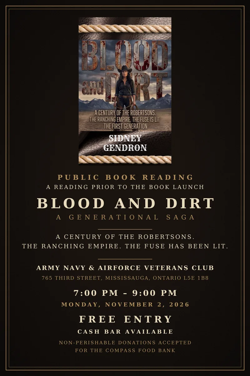 Poster for the Blood and Dirt public book reading by Sidney Gendron: Monday, November 2, 2026, 7:00 to 9:00 PM at the Army Navy & Airforce Veterans Club, 765 Third Street, Mississauga. Free entry.